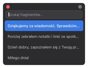 Okno fragmentów pod jednym skrótem